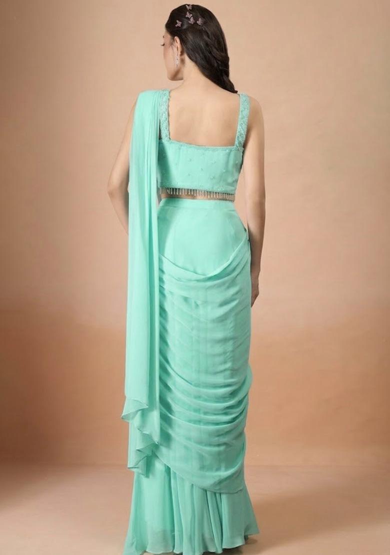 Mint Green Georgette Handwork Pre Draped Saree Set - Indya