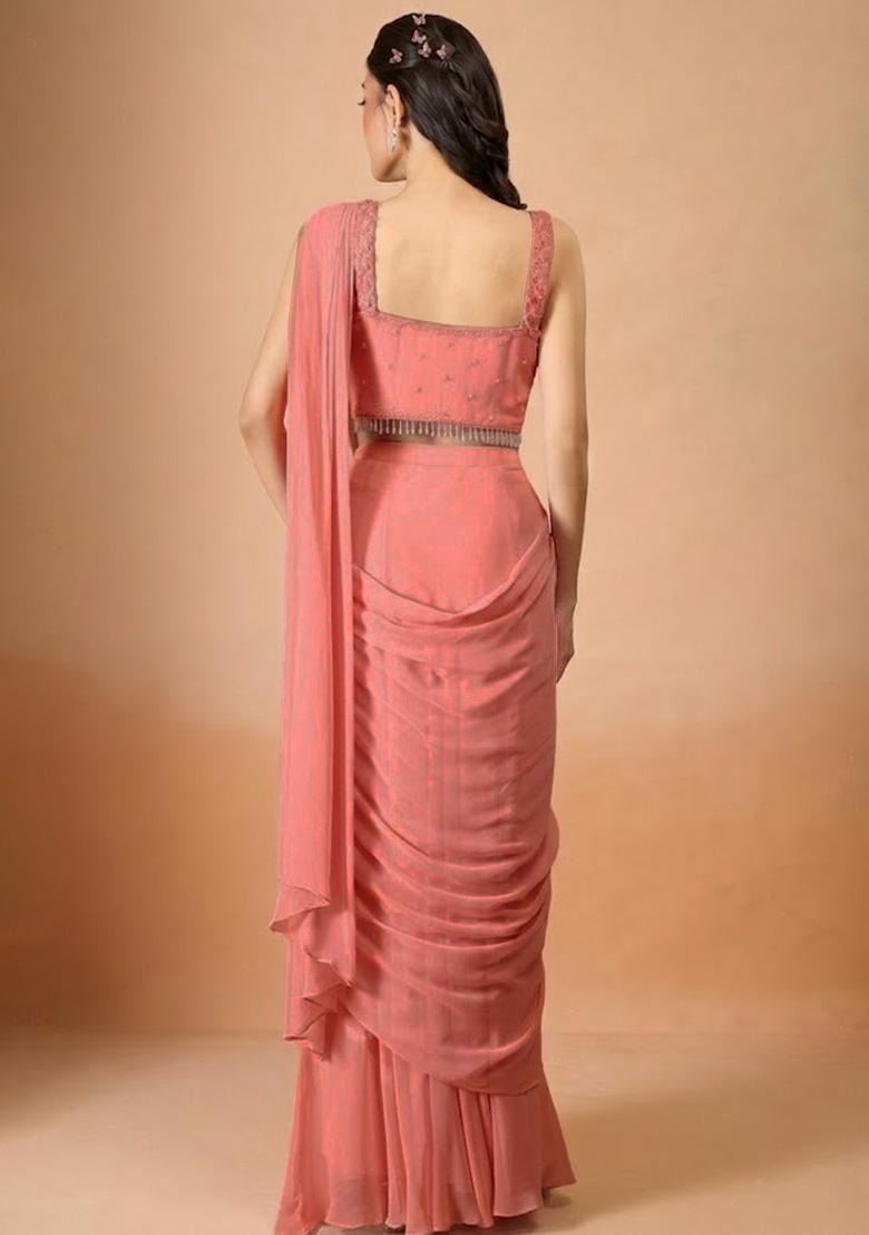 Peach Georgette Handwork Pre Draped Saree Set - Indya