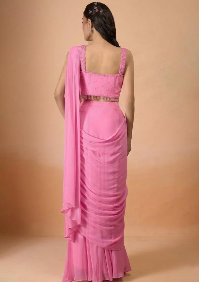Pink Georgette Handwork Pre Draped Saree Set - Indya