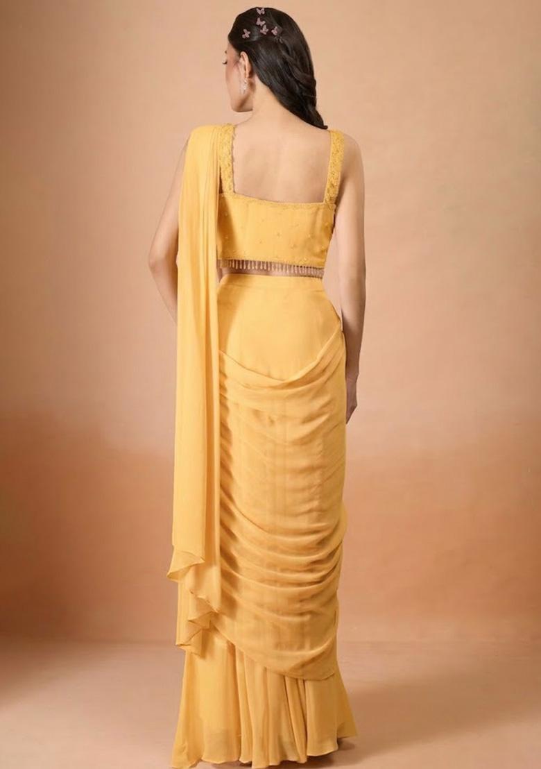 Yellow Georgette Handwork Pre Draped Saree Set - Indya