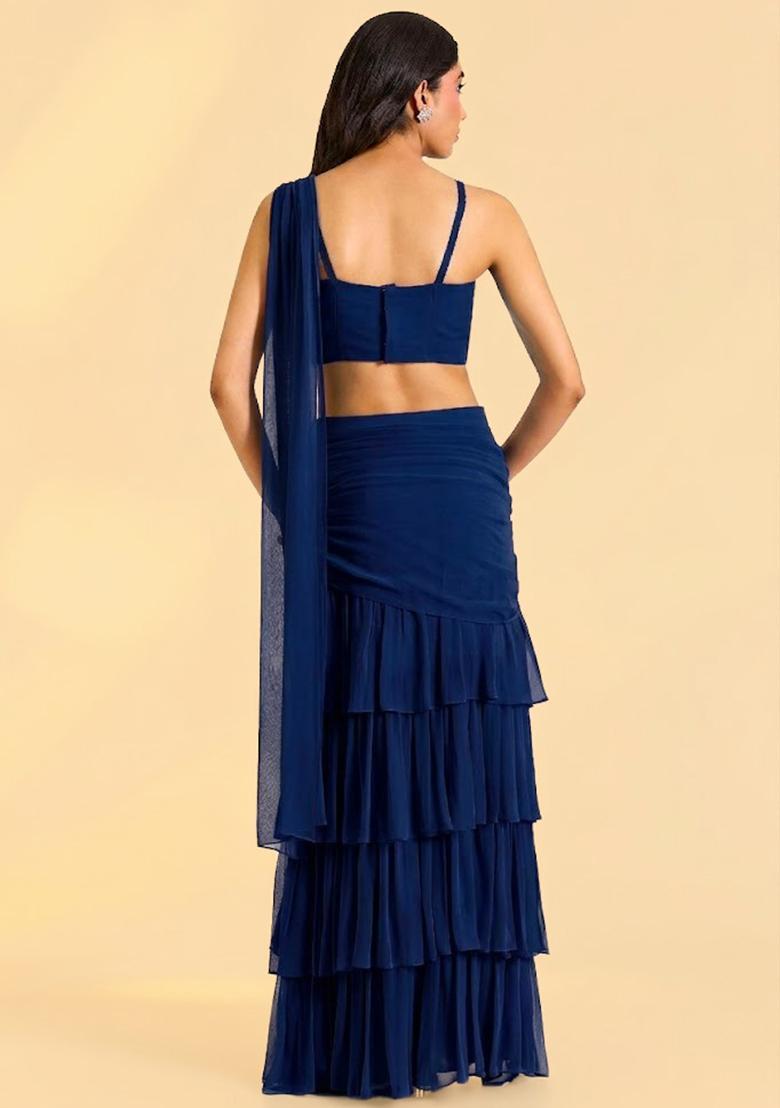 Navy Blue Georgette Handwork Pre Draped Saree Set - Indya