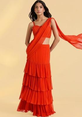 Orange Georgette Handwork Pre Draped Saree Set