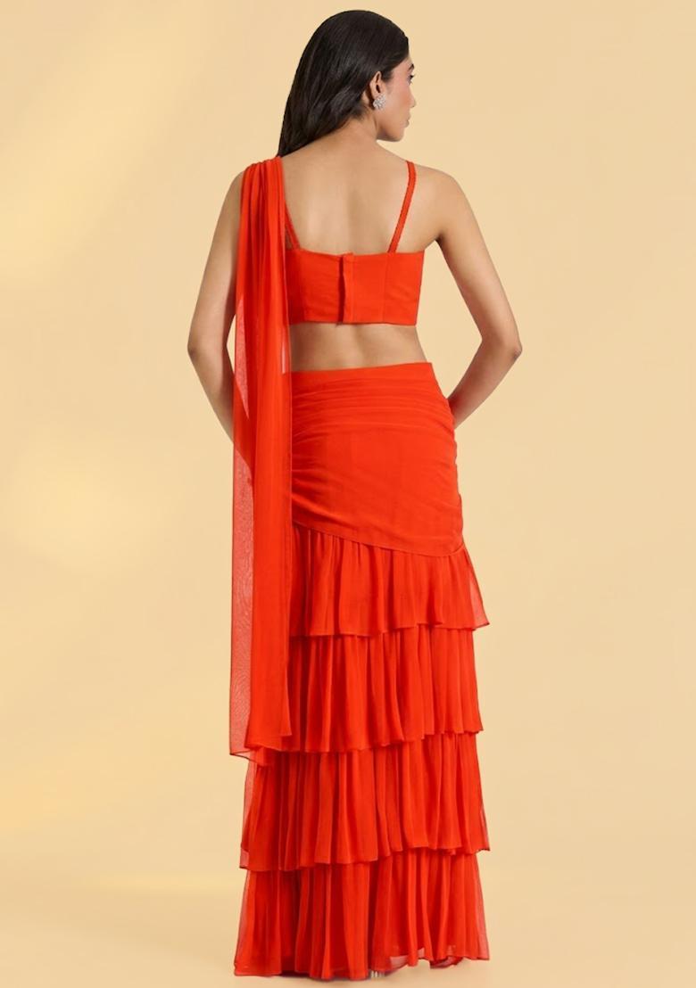 Orange Georgette Handwork Pre Draped Saree Set - Indya