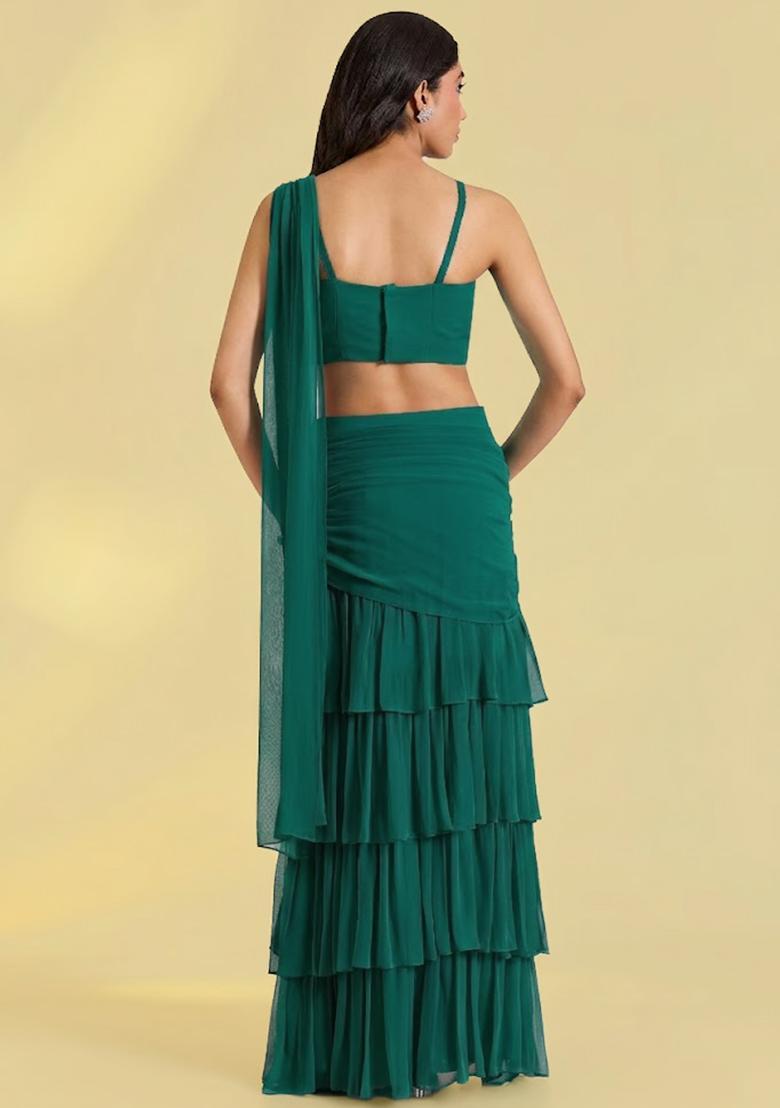 Teal Green Georgette Handwork Pre Draped Saree Set - Indya