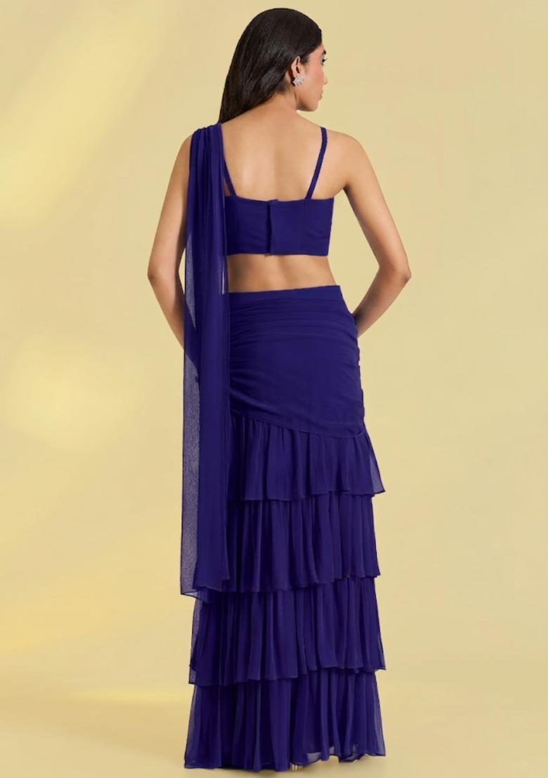 Navy Blue Georgette Handwork Pre Draped Saree Set - Indya
