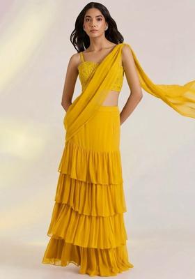 Yellow Georgette Handwork Pre Draped Saree Set