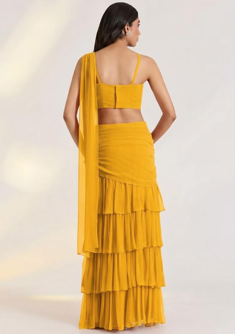 Yellow Georgette Handwork Pre Draped Saree Set - Indya
