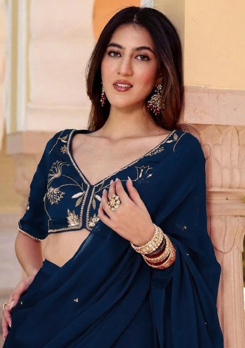 Navy Blue Crepe Handwork Pre Draped Saree Set - Indya