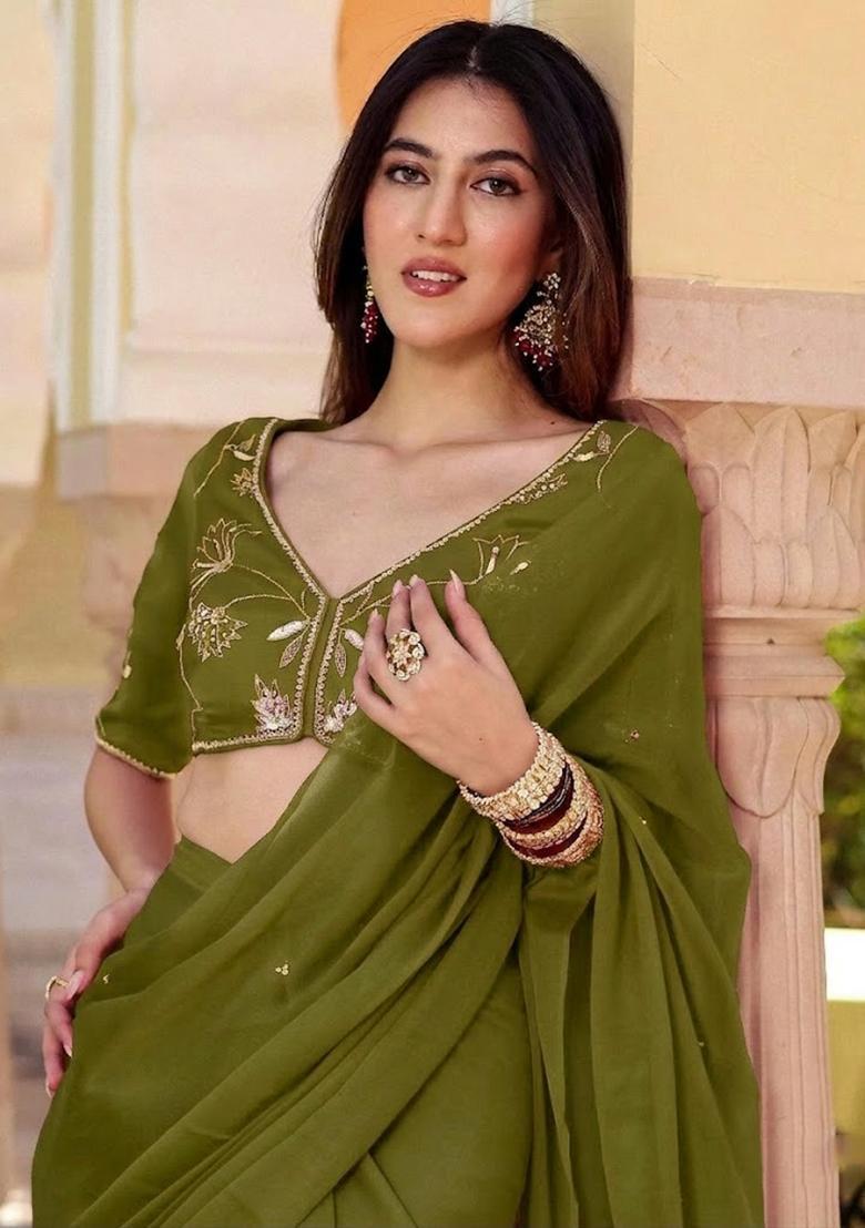 Olive Green Crepe Handwork Pre Draped Saree Set - Indya
