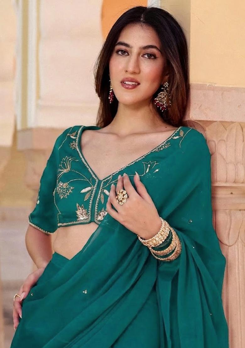 Teal Green Crepe Handwork Pre Draped Saree Set - Indya