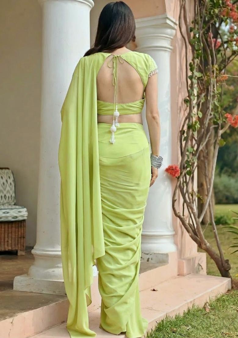Lime Green Georgette Handwork Pre Draped Saree Set - Indya