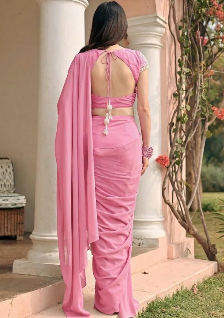 Pink Georgette Handwork Pre Draped Saree Set - Indya