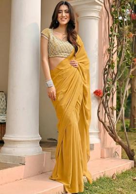 Yellow Georgette Handwork Pre Draped Saree Set