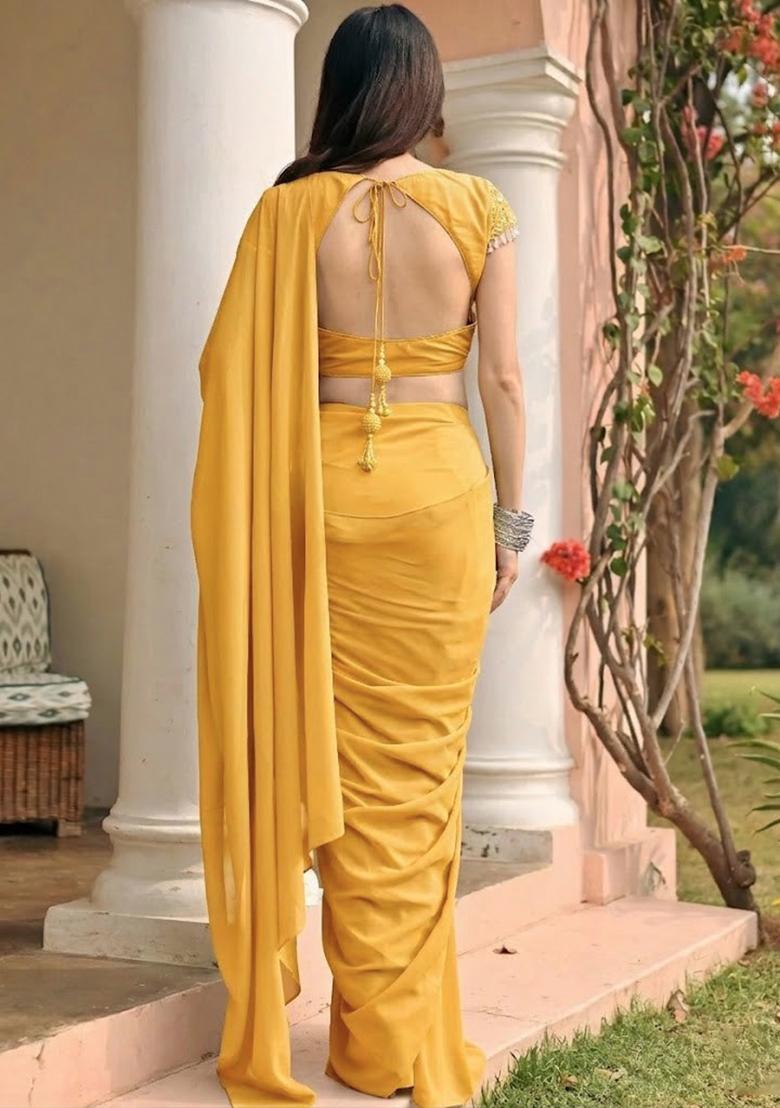 Yellow Georgette Handwork Pre Draped Saree Set - Indya