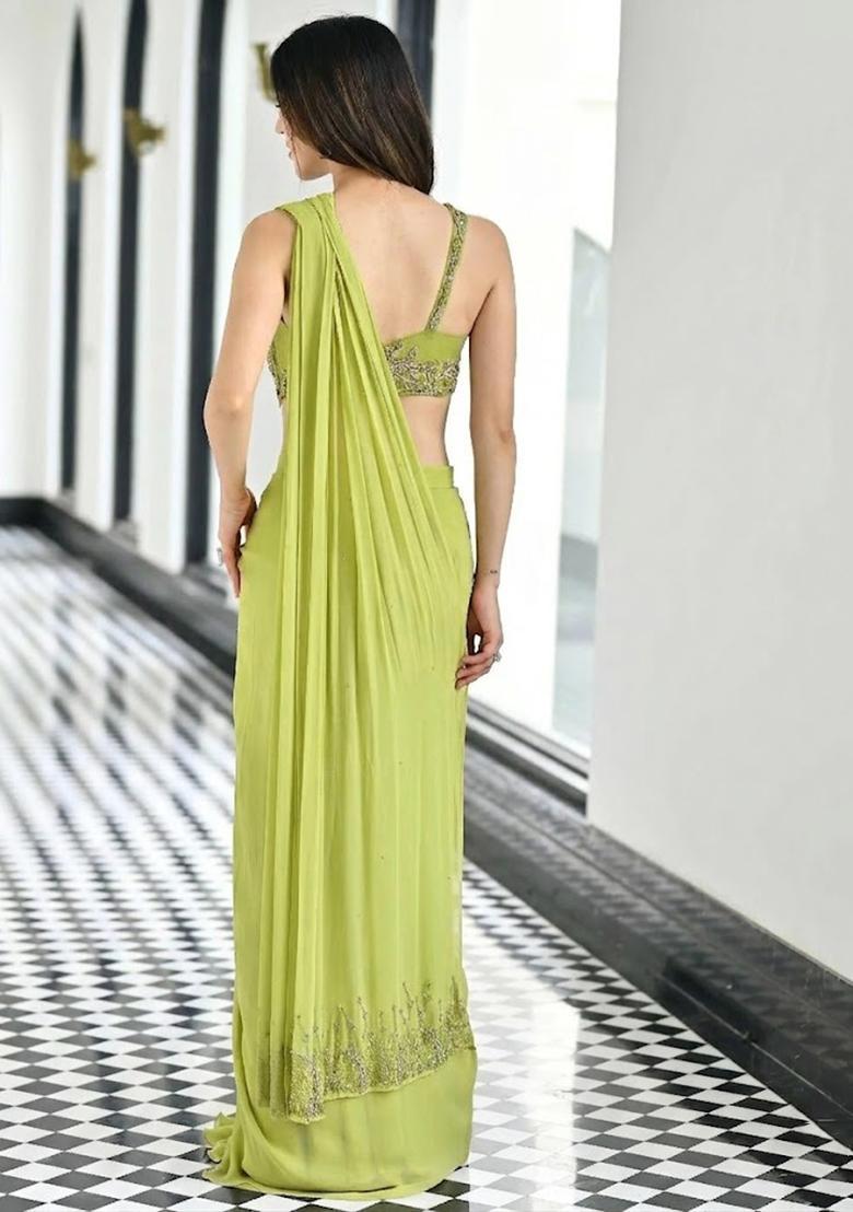 Lime Green Georgette Handwork Pre Draped Saree Set - Indya