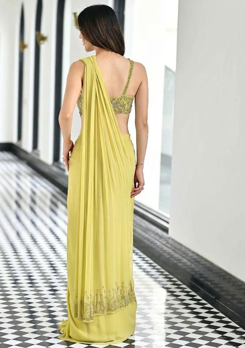 Yellow Georgette Handwork Pre Draped Saree Set - Indya