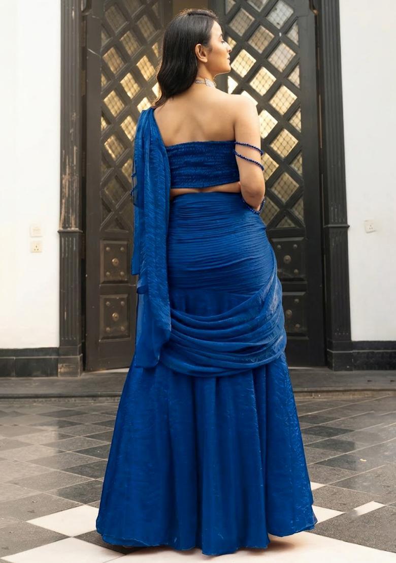 Royal Blue Silk Blend Handwork Pre Draped Saree Set - Indya