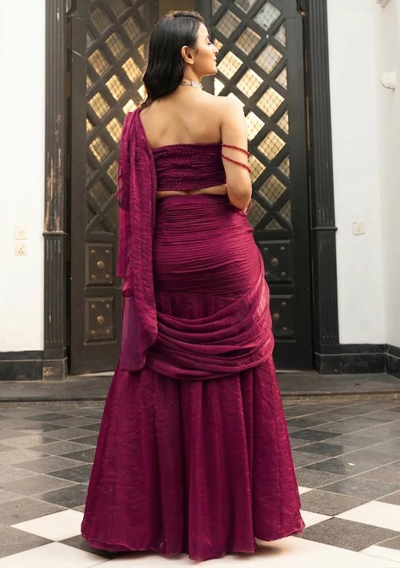 Wine Silk Blend Handwork Pre Draped Saree Set - Indya