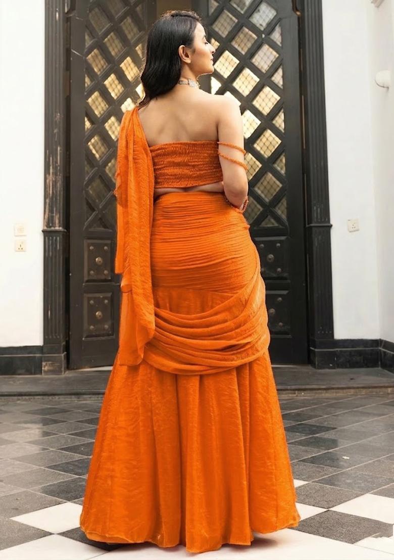 Orange Silk Blend Handwork Pre Draped Saree Set - Indya