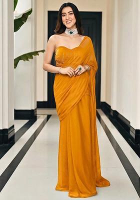 Mustard Chinon Handwork Pre Draped Saree Set