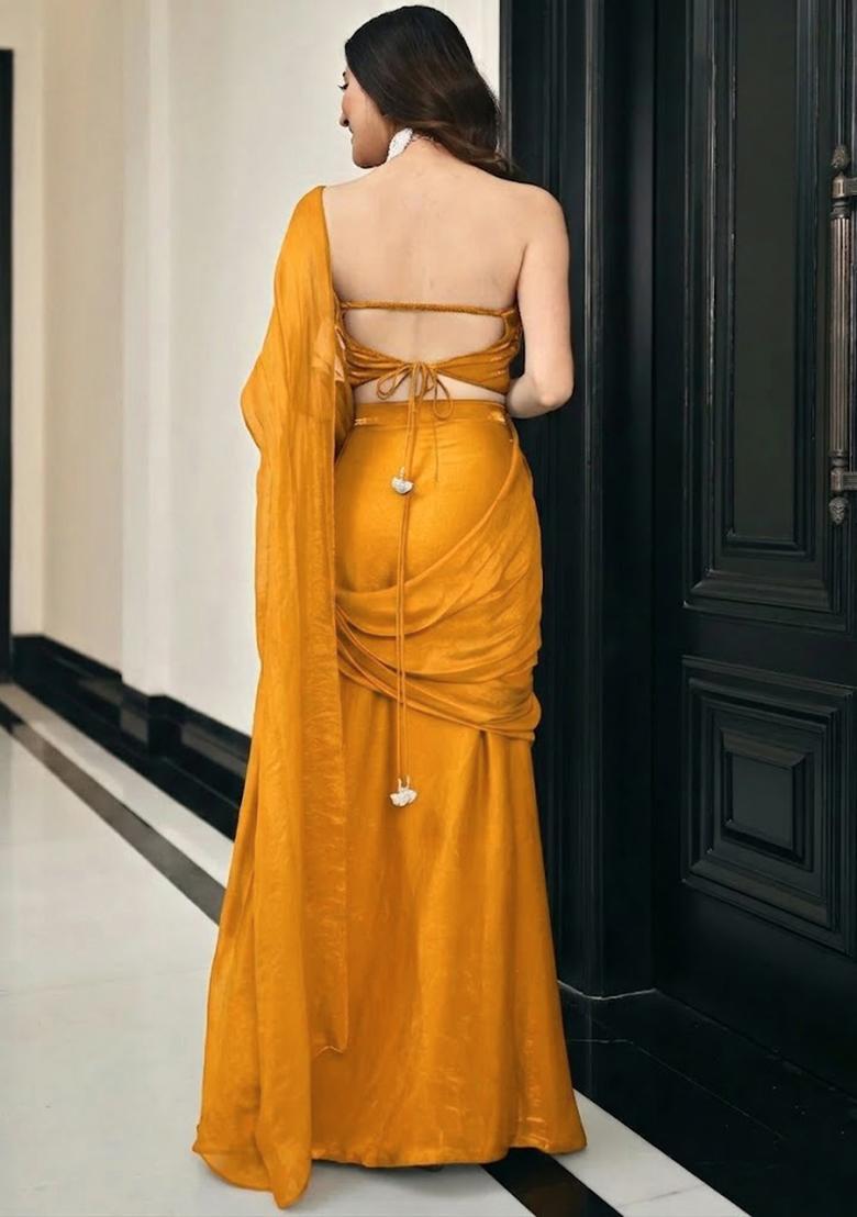 Mustard Chinon Handwork Pre Draped Saree Set - Indya