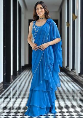 Royal Blue Georgette Handwork Pre Draped Saree Set