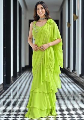 Light Green Georgette Handwork Pre Draped Saree Set