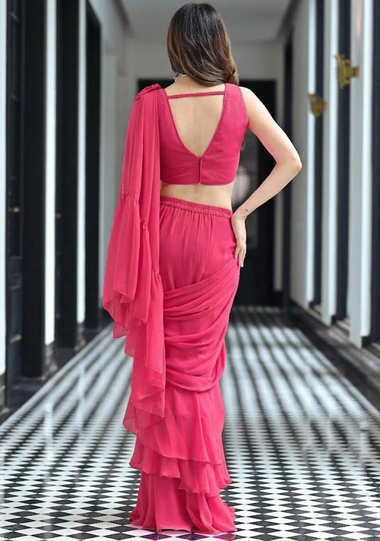 Pink Georgette Handwork Pre Draped Saree Set - Indya