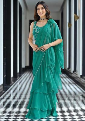 Teal Green Georgette Handwork Pre Draped Saree Set