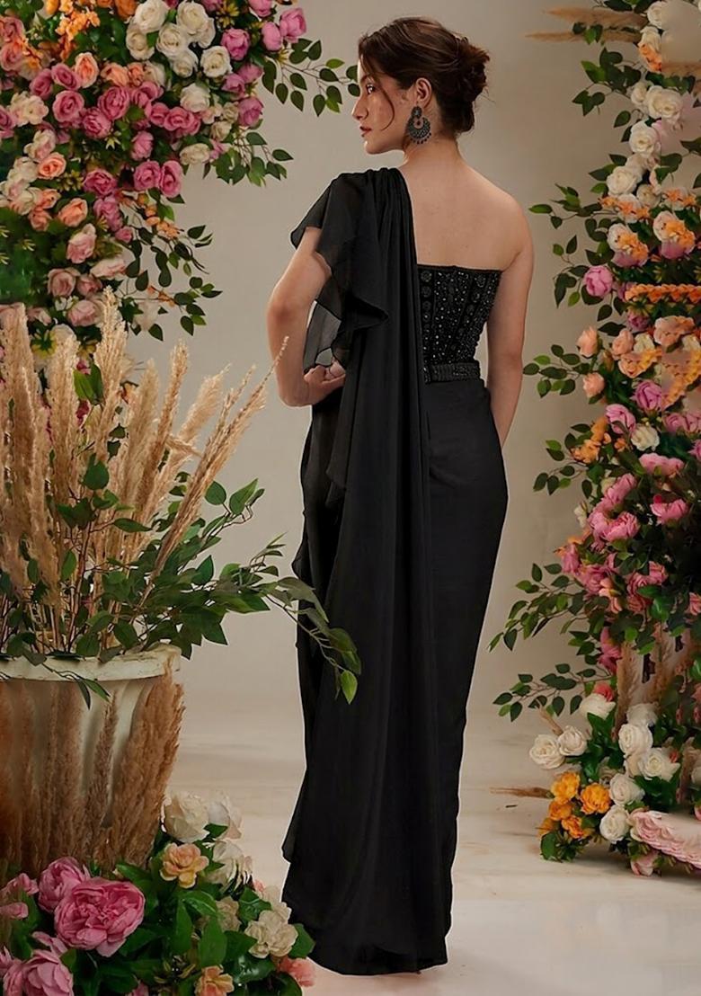 Black Georgette Handwork Pre Draped Saree Set - Indya