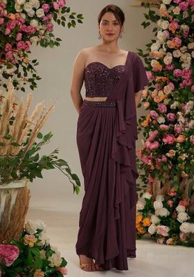 Mauve Georgette Handwork Pre Draped Saree Set