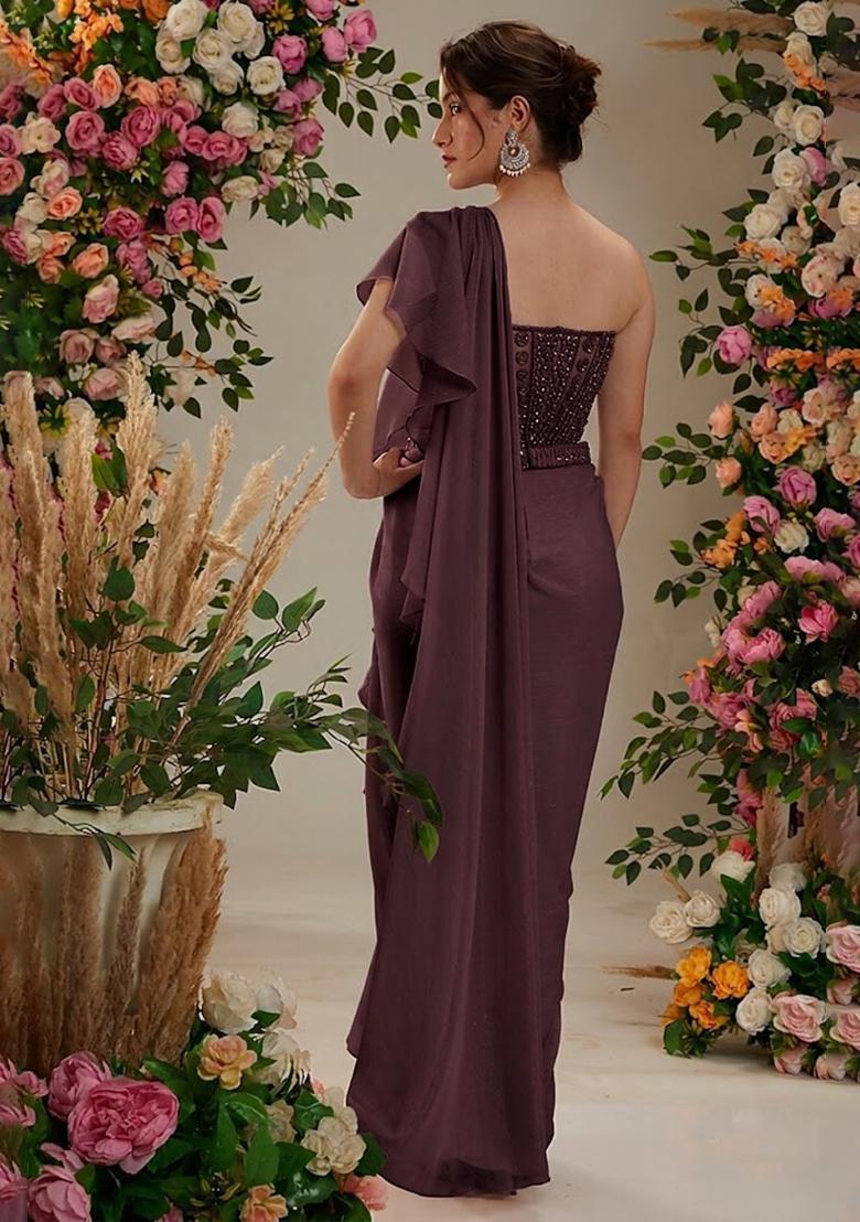 Mauve Georgette Handwork Pre Draped Saree Set - Indya