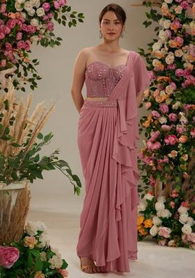 Pink Georgette Handwork Pre Draped Saree Set