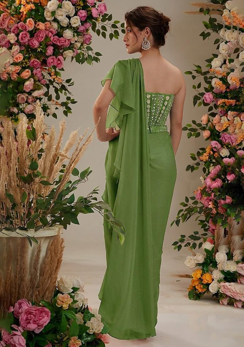 Sage Green Georgette Handwork Pre Draped Saree Set - Indya