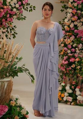 Lilac Georgette Handwork Pre Draped Saree Set