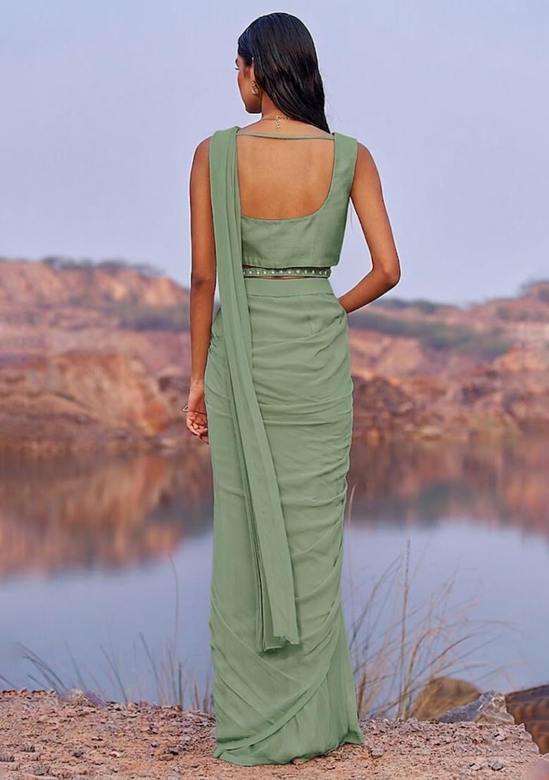 Sage Green Georgette Handwork Pre Draped Saree Set - Indya