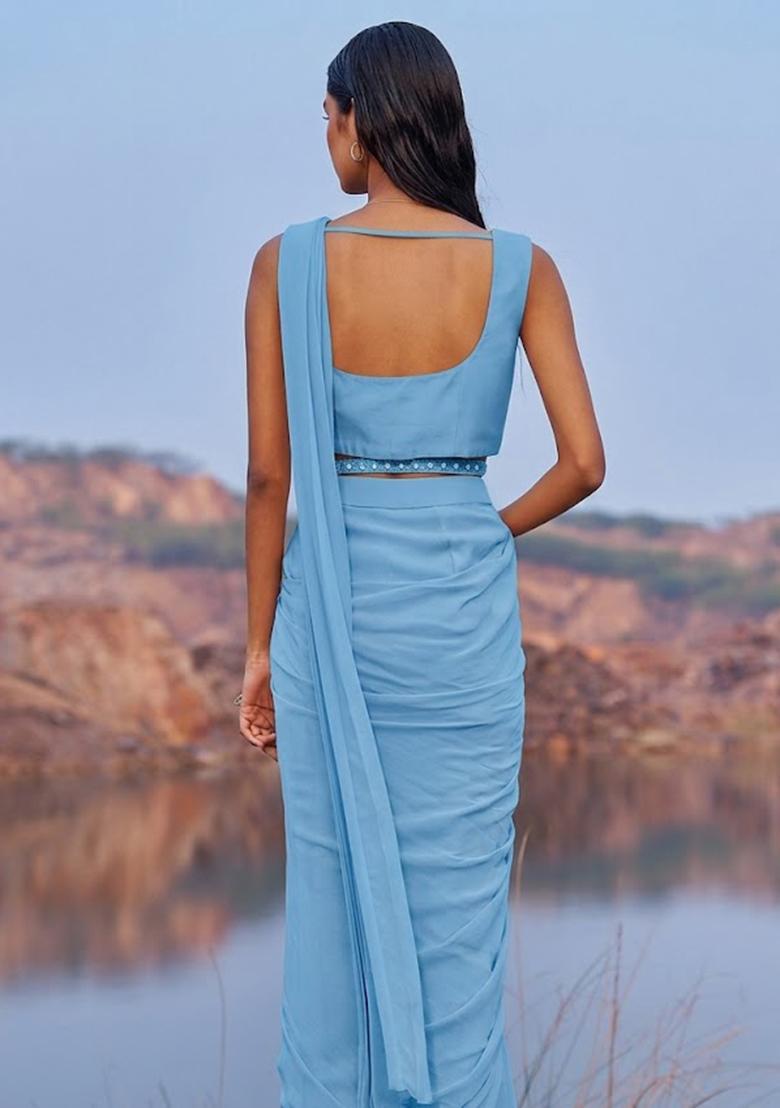 Sky Blue Georgette Handwork Pre Draped Saree Set - Indya