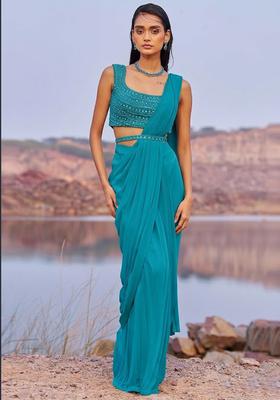 Teal Blue Georgette Handwork Pre Draped Saree Set