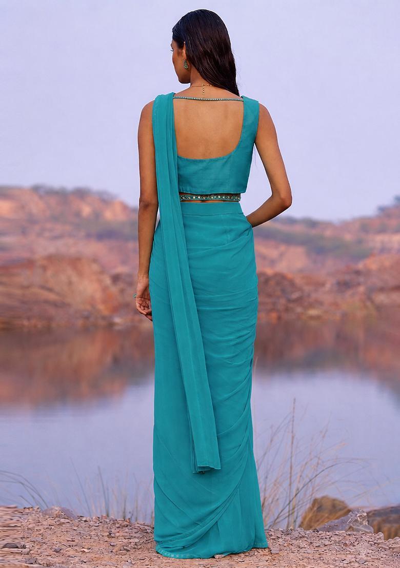 Teal Blue Georgette Handwork Pre Draped Saree Set - Indya