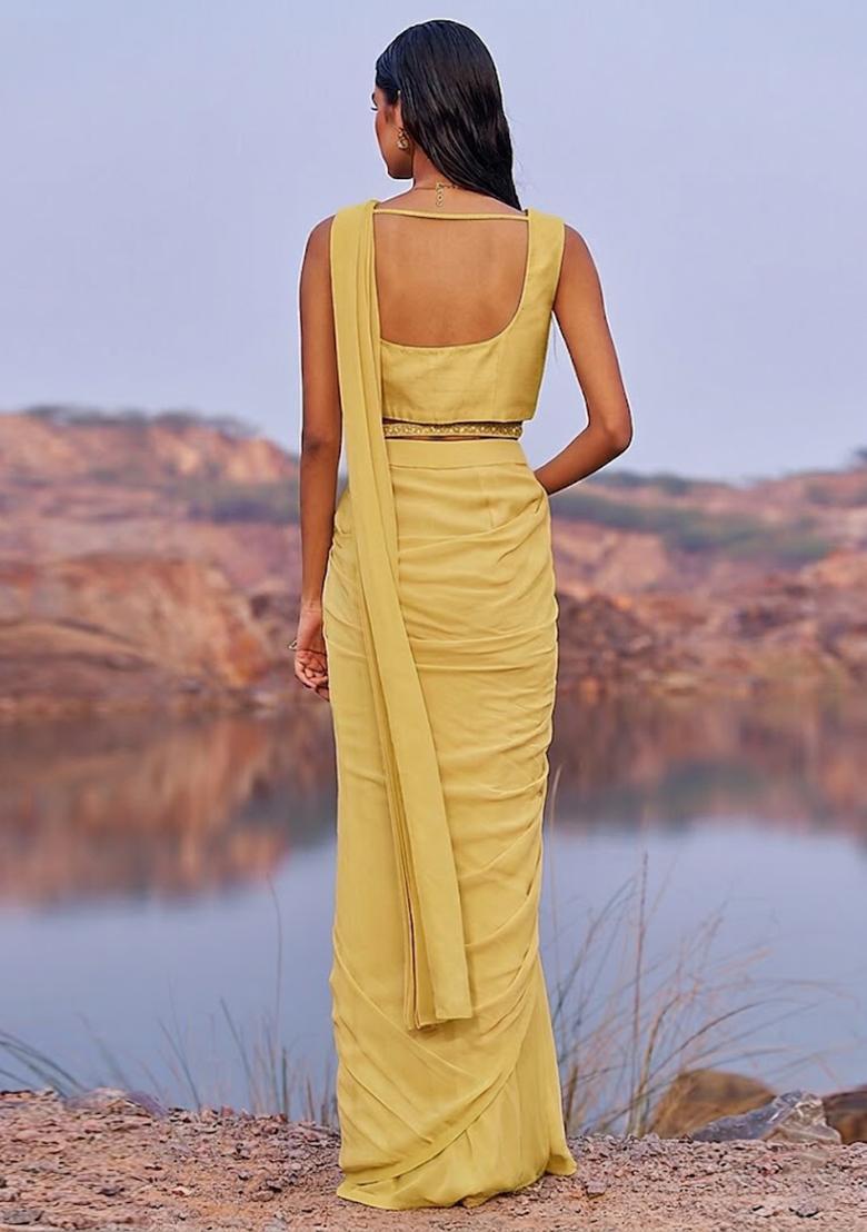 Beige Georgette Handwork Pre Draped Saree Set - Indya