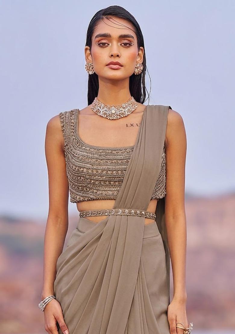 Grey Georgette Handwork Pre Draped Saree Set - Indya