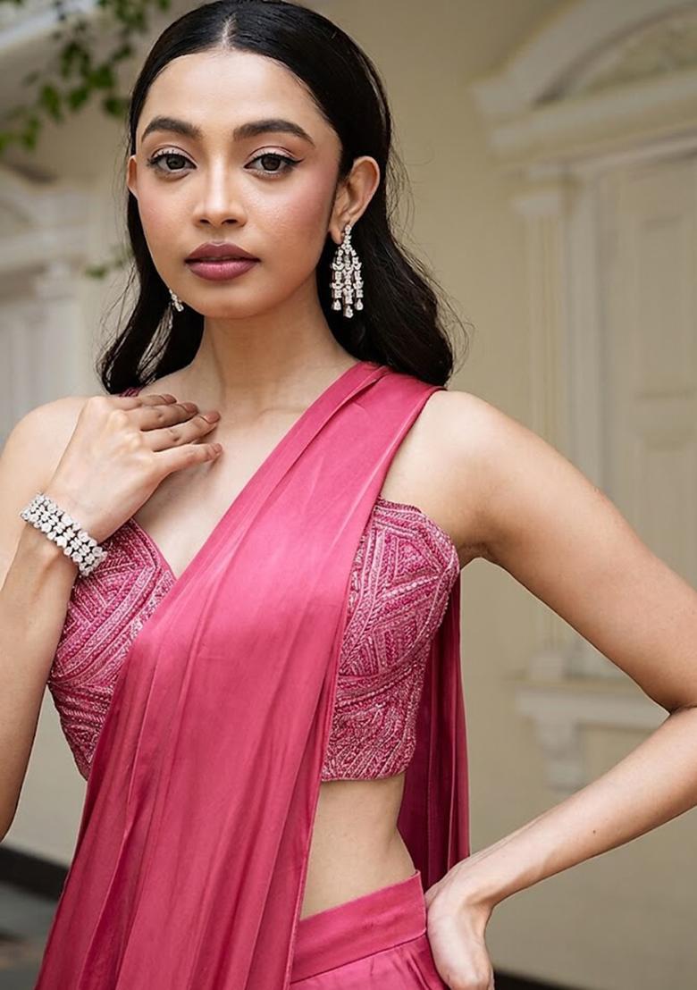 Rose Pink Satin Handwork Pre Draped Saree Set - Indya