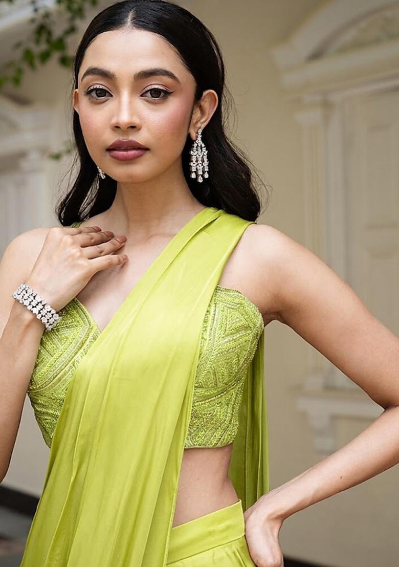 Lime Green Satin Handwork Pre Draped Saree Set - Indya