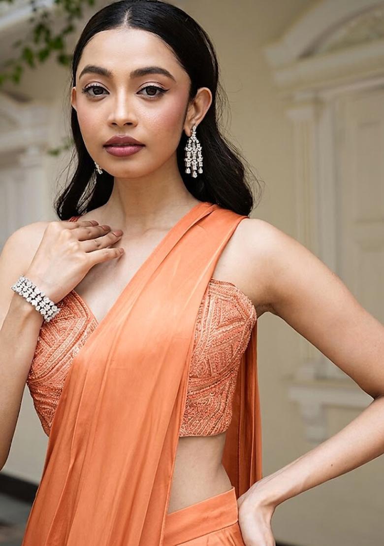 Peach Satin Handwork Pre Draped Saree Set - Indya