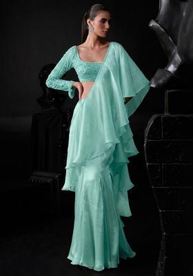 Mint Green Organza Handwork Pre Draped Saree Set