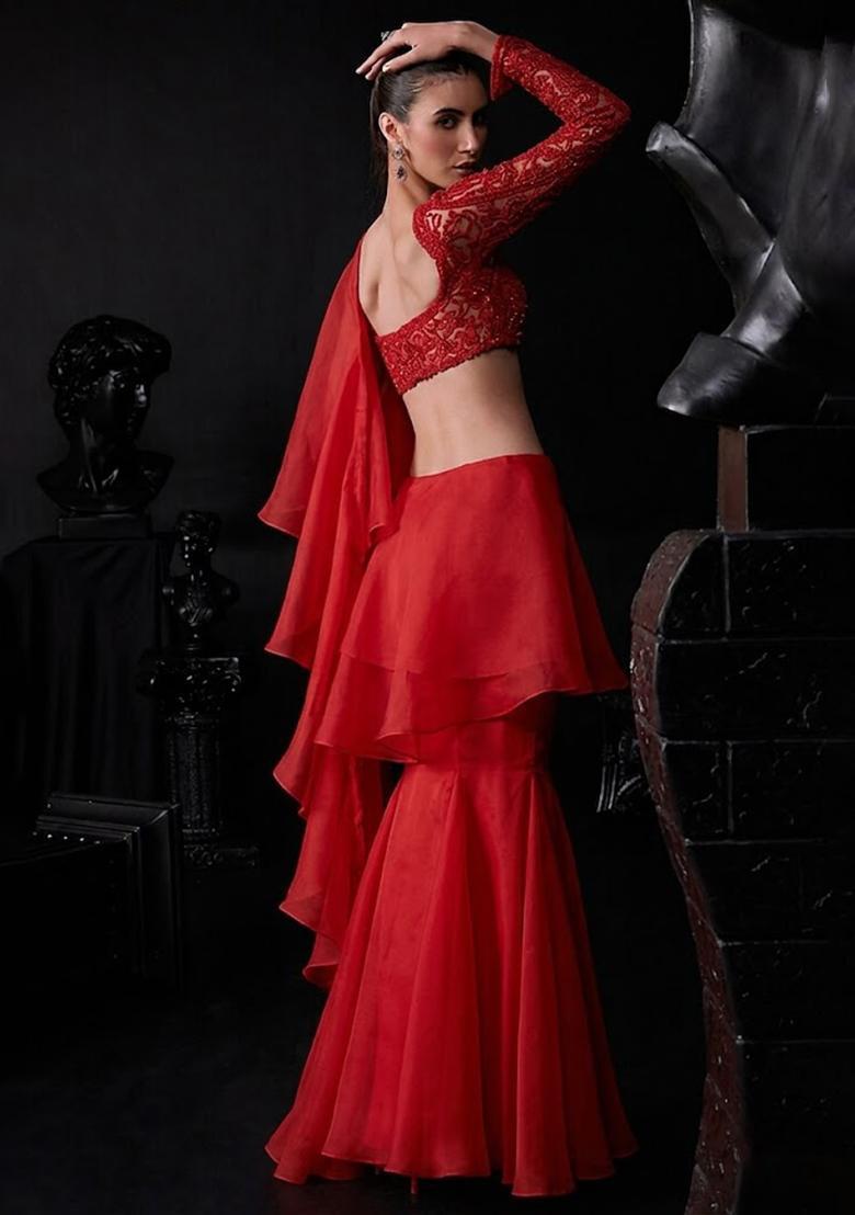 Red Organza Handwork Pre Draped Saree Set - Indya