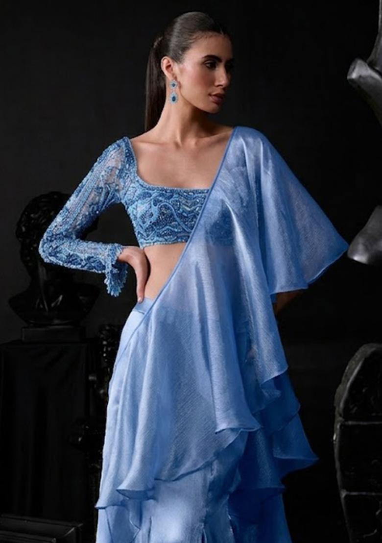 Blue Organza Handwork Pre Draped Saree Set - Indya