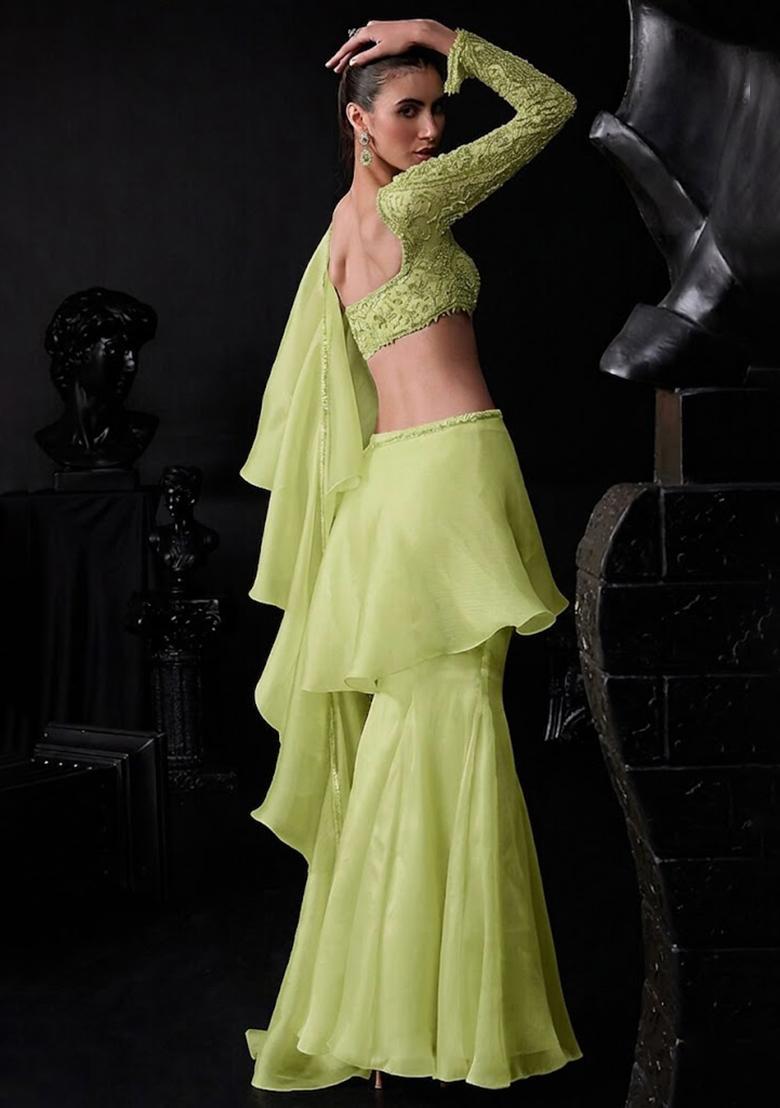 Lime Green Organza Handwork Pre Draped Saree Set - Indya