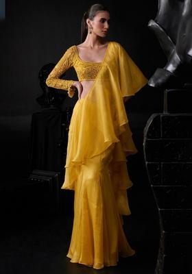 Mustard Organza Handwork Pre Draped Saree Set