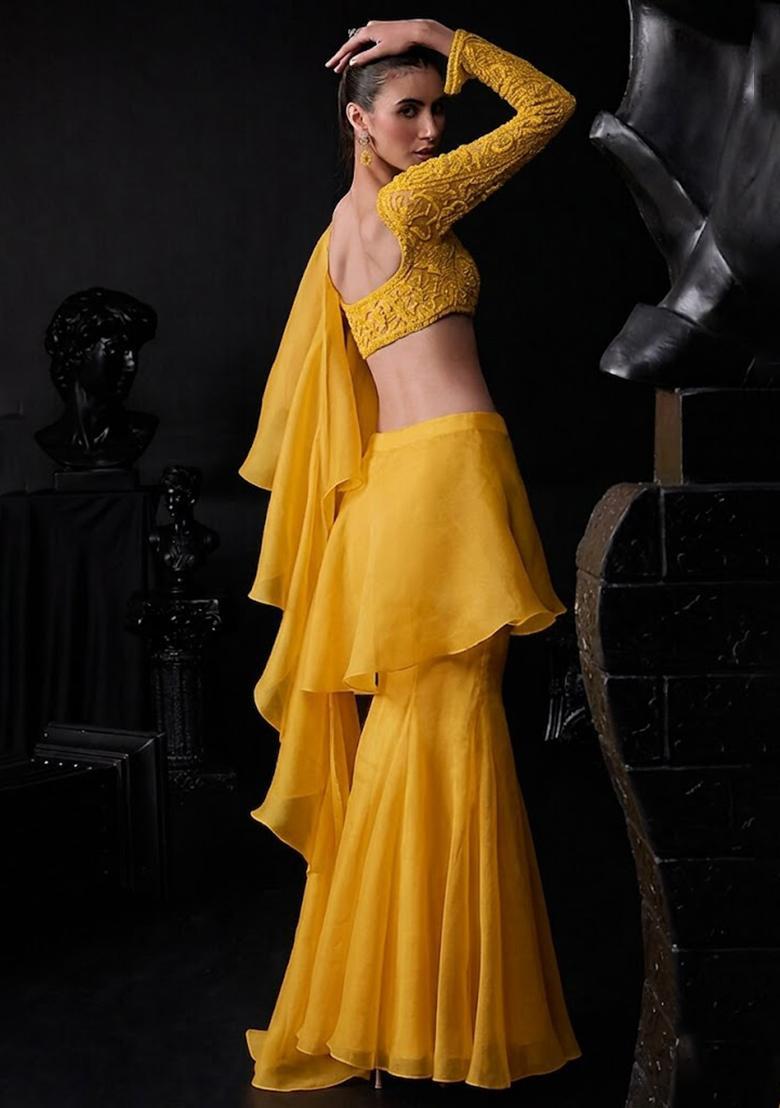 Mustard Organza Handwork Pre Draped Saree Set - Indya